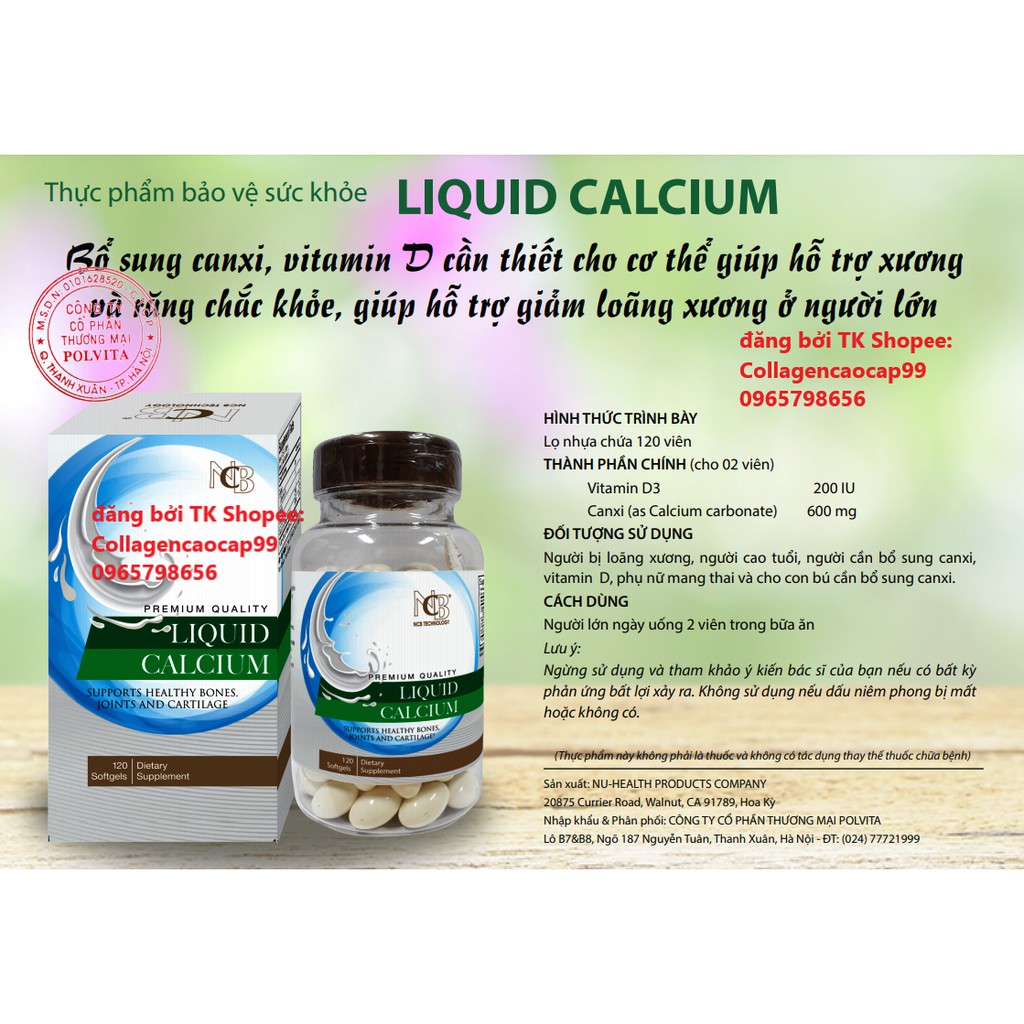 Viên uống Bổ sung Canxi và Vitamin D3 của Mỹ Liquid Calcium NuHealth 120 viên