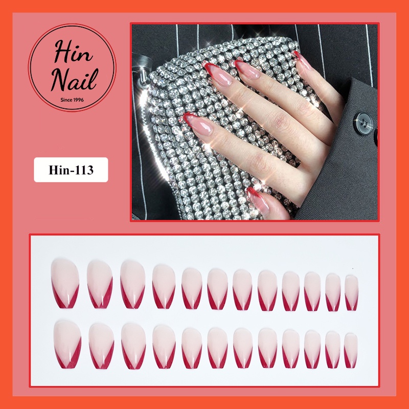 set móng tay giả kèm keo dán nails box 24 móng giả dài viền đỏ hồng