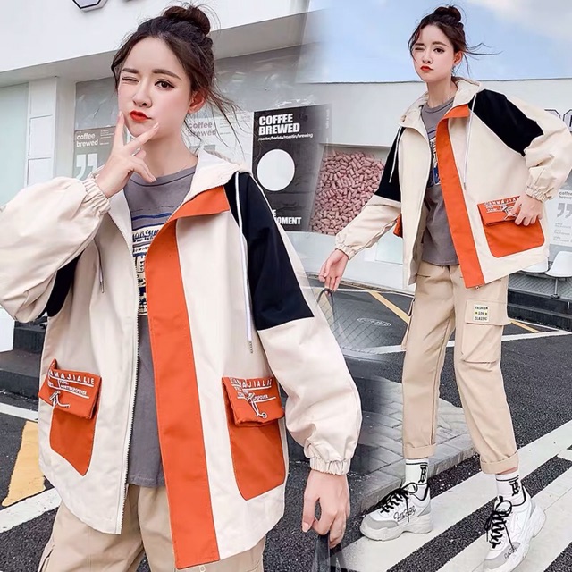 Áo khoác kaki pha màu túi chữ Ulzzang [SALE SHOCK]  Hàng Quảng Châu