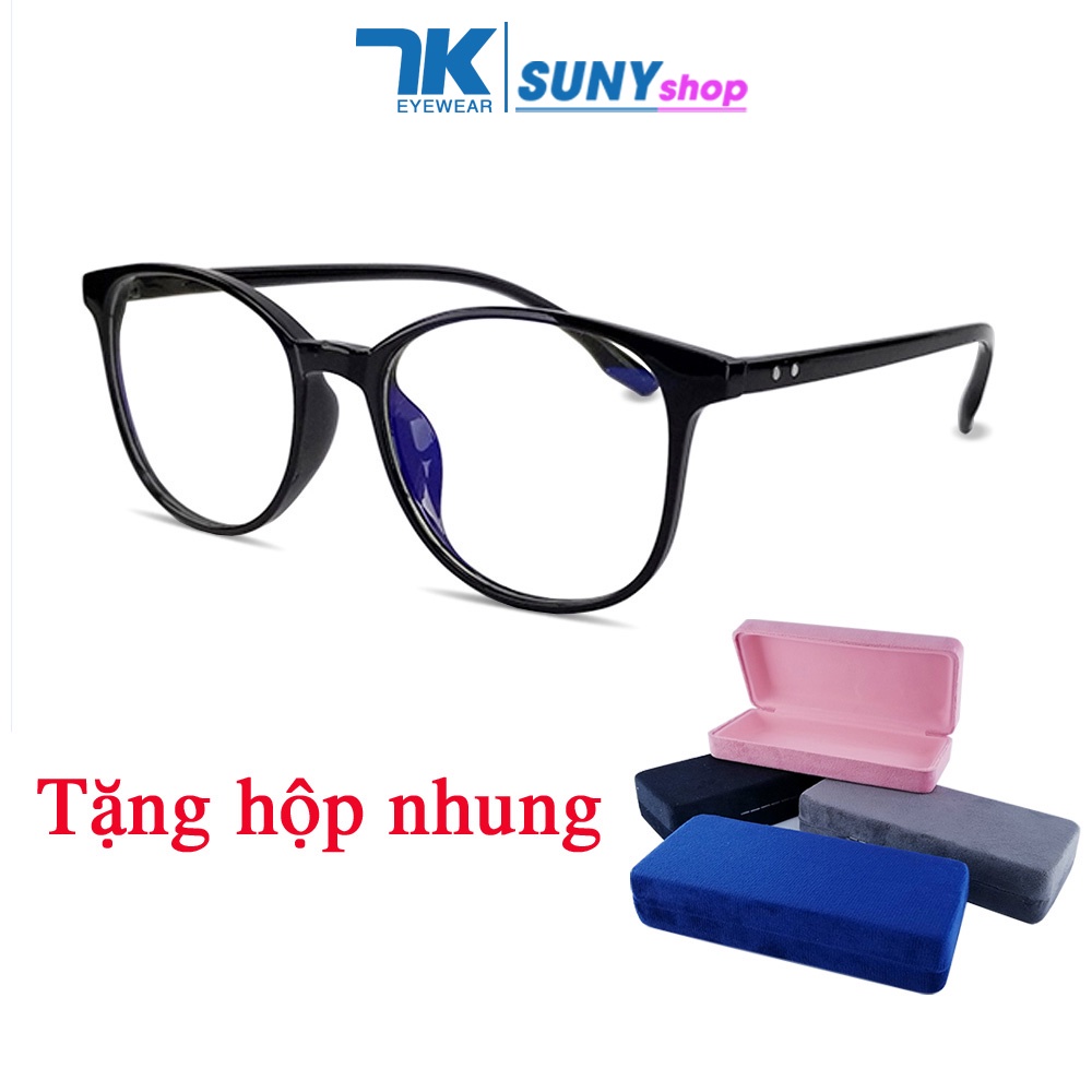 Gọng kính cận nữ, nam nhựa dẻo mắt tròn màu đen, xám khói, nâu hồng 7K3010. Tròng giả cận 0 độ chống ánh sáng xanh.