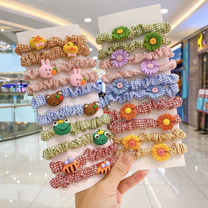 Set 10 Dây Cột Tóc Cao Su Co Giãn In Họa Tiết Trái Cây/ Hoa/ Trái Cây Dễ Thương Cho Bé Gái