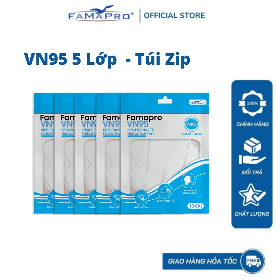 [PHIÊN BẢN MỚI -COMBO 5- VN95 5 LƠP - TÚI 10 CÁI] Khẩu trang y tế kháng khuẩn 5 lớp Famapro VN95