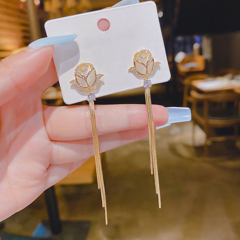 Bông tai bạc 925 RINHOO FRIENDSHIP dáng dài hình hoa hồng đính đá opal thời trang sang trọng cho nữ