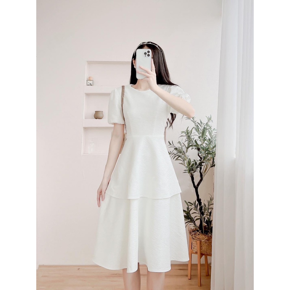 Đầm dự tiệc cổ tròn tay phồng hai tầng thiết kế cao gấp