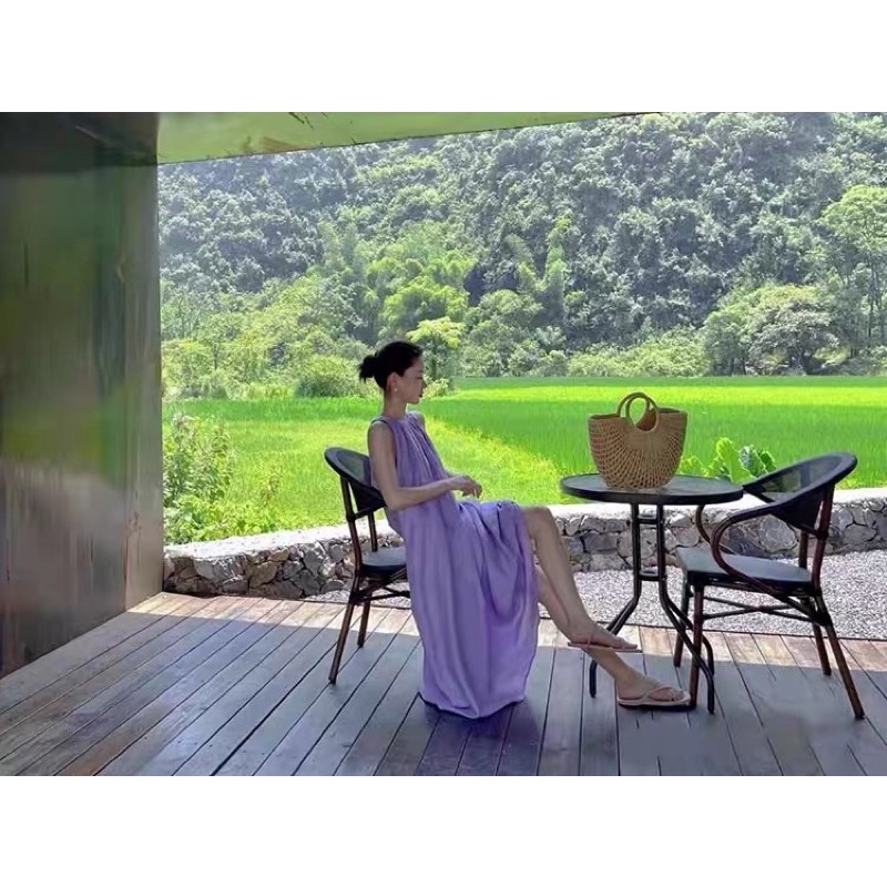 Đầm  Nữ 2 Hai Dây Cổ Yếm Đi Biển Suông Dài Màu Tím Tiểu Thư Nhẹ Nhàng