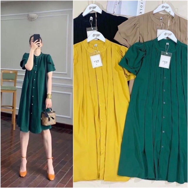 VÁY BẦU SUÔNG DÁNG THỜI TRANG, ĐẦM BẦU CÔNG SỞ CỔ TRỤ TAY CÁNH SEN HÀNG NÚT GIỮA SANG CHẢNH