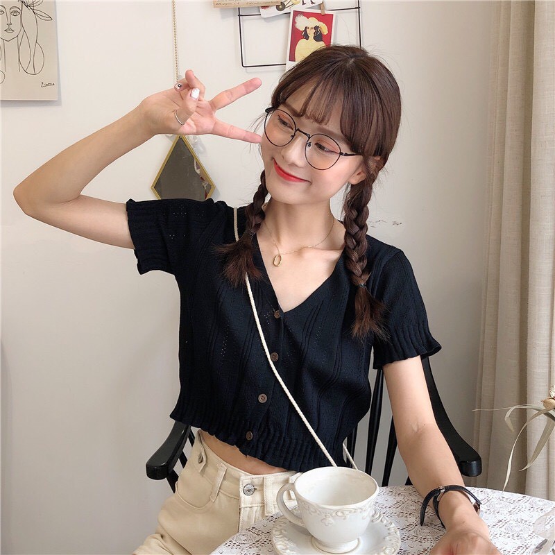 Áo len tăm nữ ulzzang ngắn tay dệt kim phối khuy phong cách Jennie - Roxie