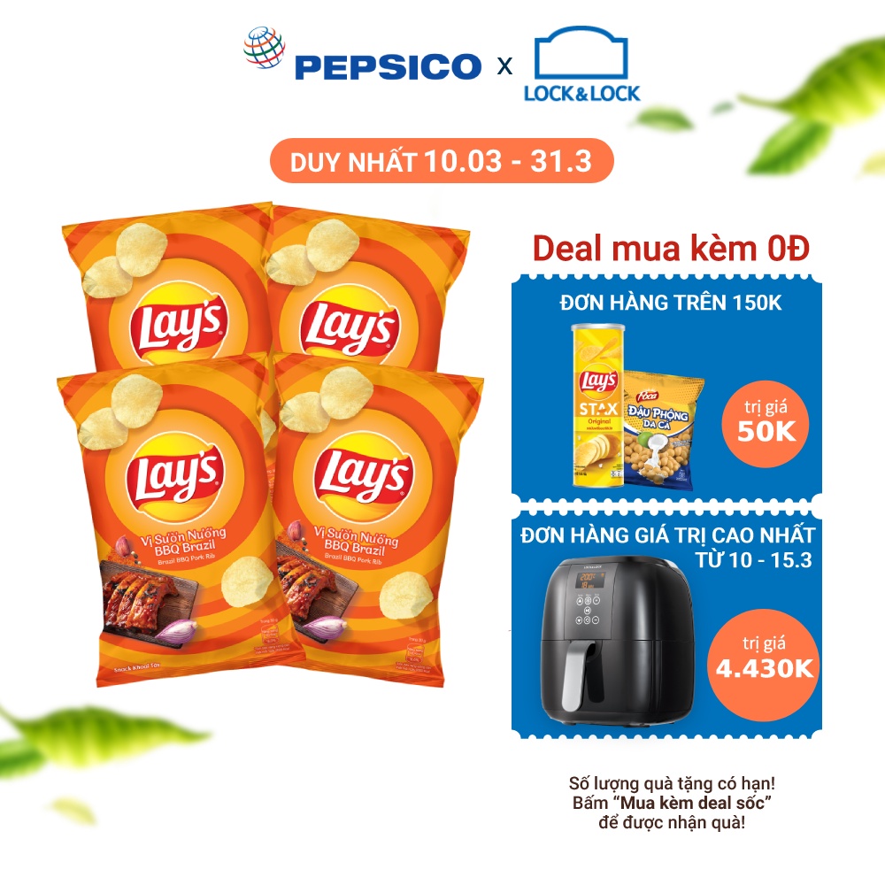 Combo 4 Snack Khoai Tây Lay's vị Sườn Nướng BBQ Brazil 95g/gói