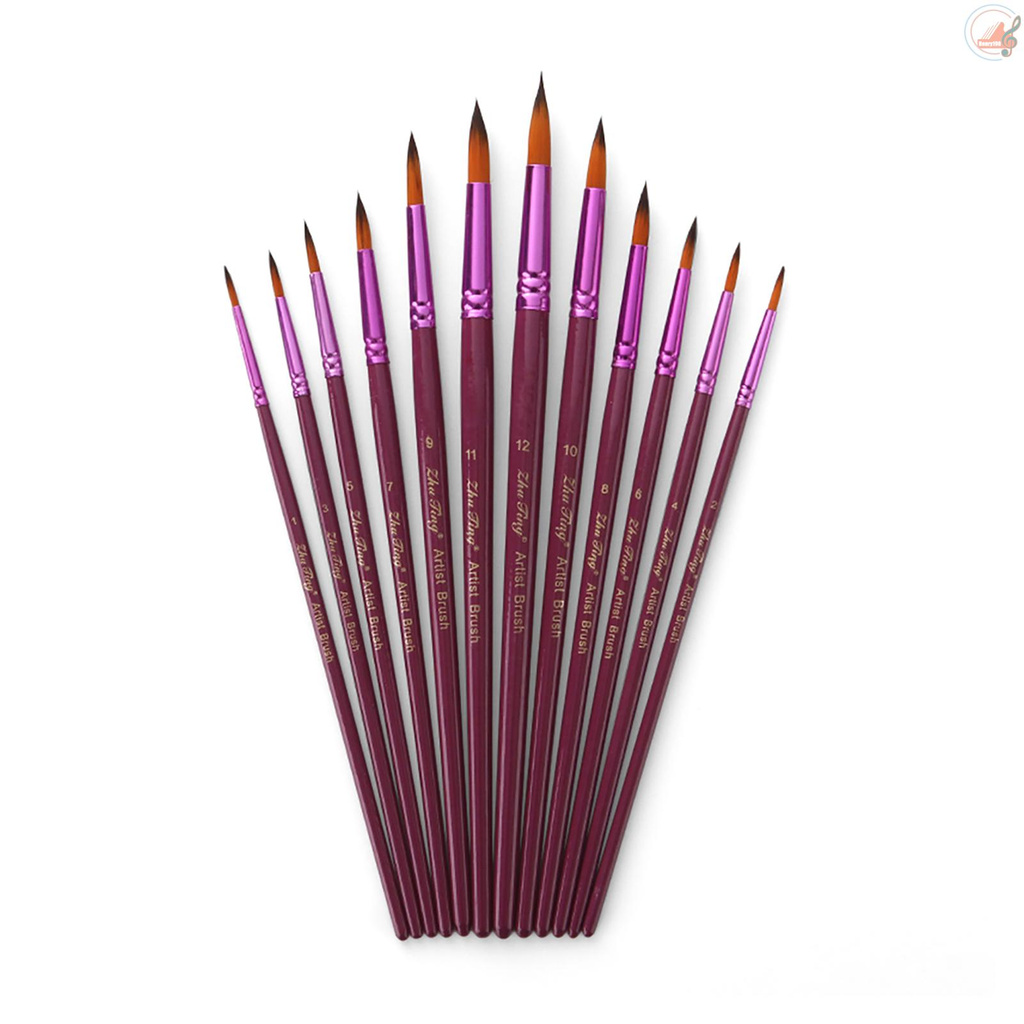 Professional 12pcs Round Pointed Tips Paint Brush Set Different Sizes with Bicolor Nylon Hair Wooden Handle Paintbrushes Art Supplies Gift for Artists Children Students Beginners for Watercolor Acrylic Oil Painting