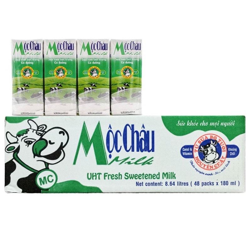 Thùng 48 hộp x 180ml Sữa Tươi Mộc Châu Có Đường•Không Đường•Ít Đường•Dừa