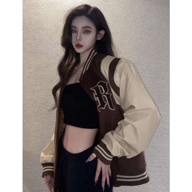 TXT.STORE03 Áo bomber vintage màu nâu tay da PU