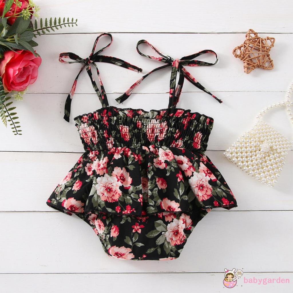 Bộ Áo Liền Quần Cổ Yếm In Hoa Cho Bé Gái 0-3 Tuổi