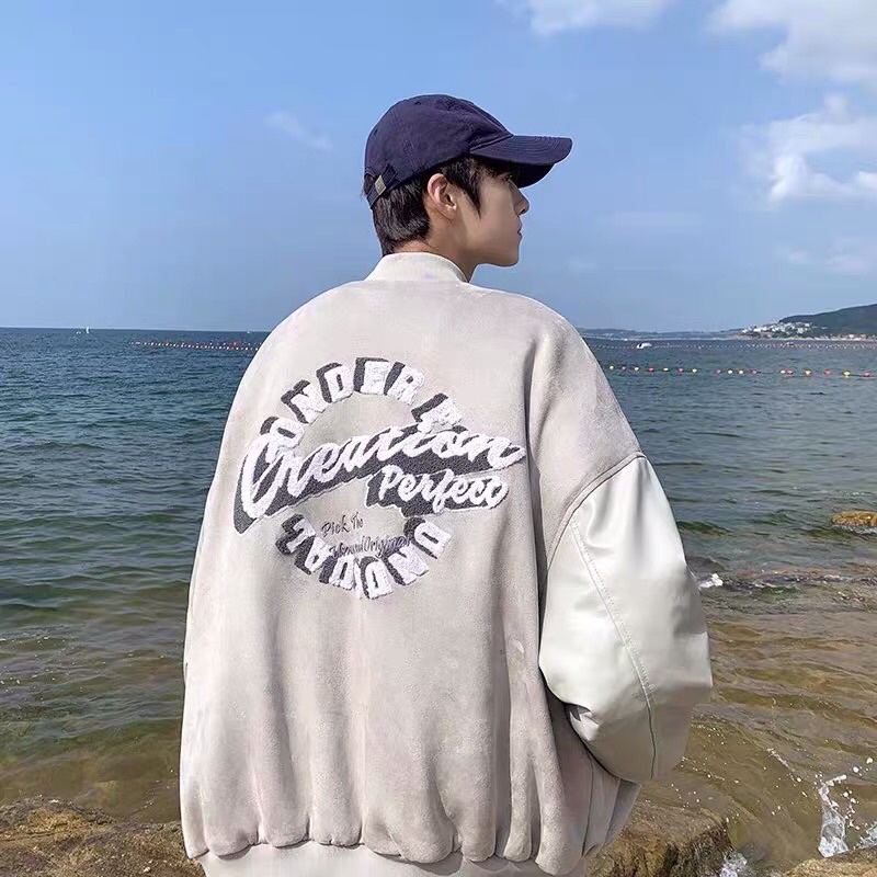 Áo khoác bóng chày Varsity Jacket dạ phối tay da in chữ unisex dáng rộng Ulzzang siêu chất ❤️