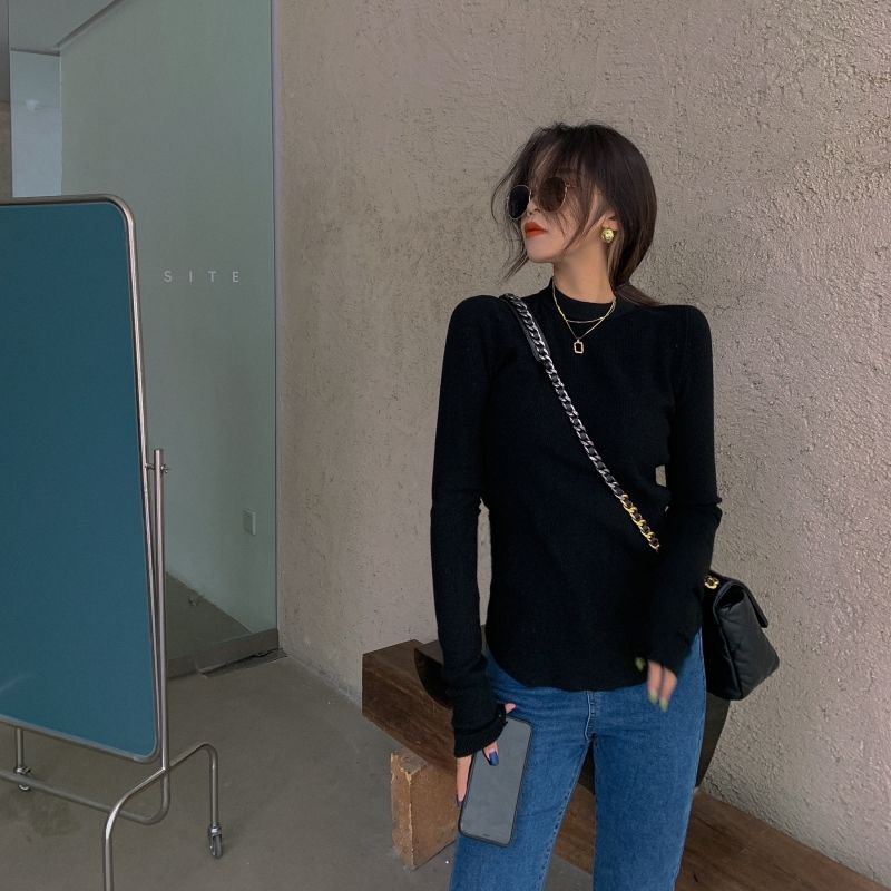 Áo thun COZOK dệt kim tay dài cổ tròn ôm dáng dễ phối đồ cho nữ