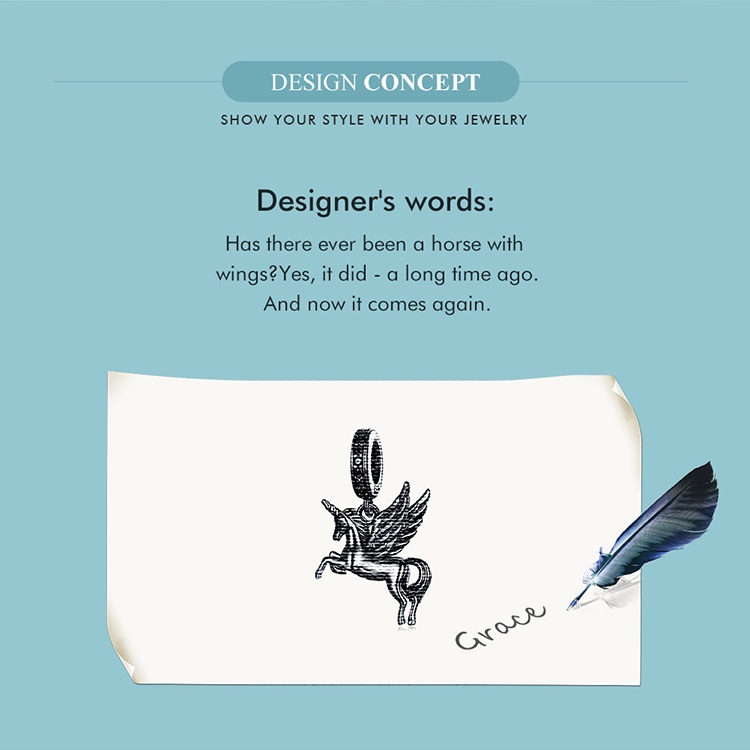 Mặt vòng cổ BAMOER bằng bạc 925 hình ngựa bay phong cách cổ điển DIY