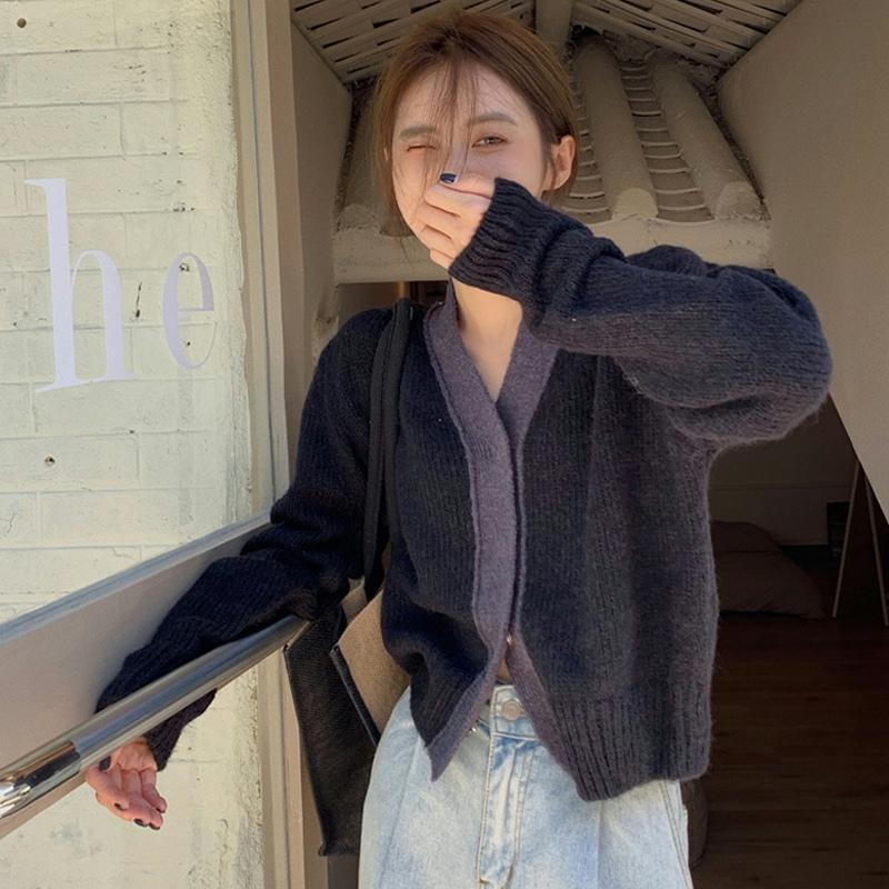 Áo khoác Cardigan dệt kim cổ chữ V phong cách Retro Hong Kong mới cho nữ