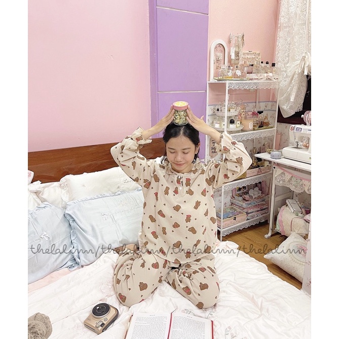 [ ẢNH THẬT ] Pijama xốp đũi Hàn cổ viền bèo/cổ nút tay bo hoạ tiết xinh xắn. Bộ ngủ nữ hoạt hình dễ thương ( Pyjama )
