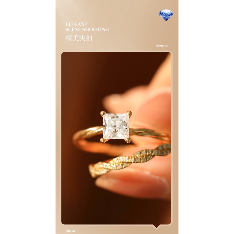 Nhẫn Mạ Vàng 18K Đính Kim Cương Nhân Tạo Hình Vuông 1 Karat