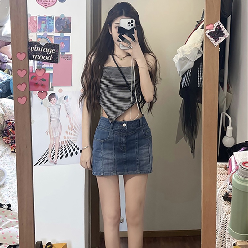 Áo Croptop Hai Dây Dệt Kim Họa Tiết Kẻ Sọc Thời Trang Cho Nữ