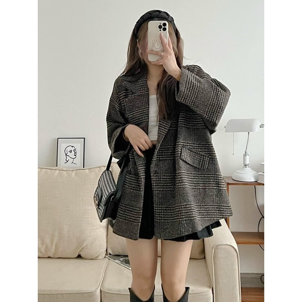 [Ảnh thật/Video]Áo khoác dạ kẻ nắp túi phong cách Ulzzang