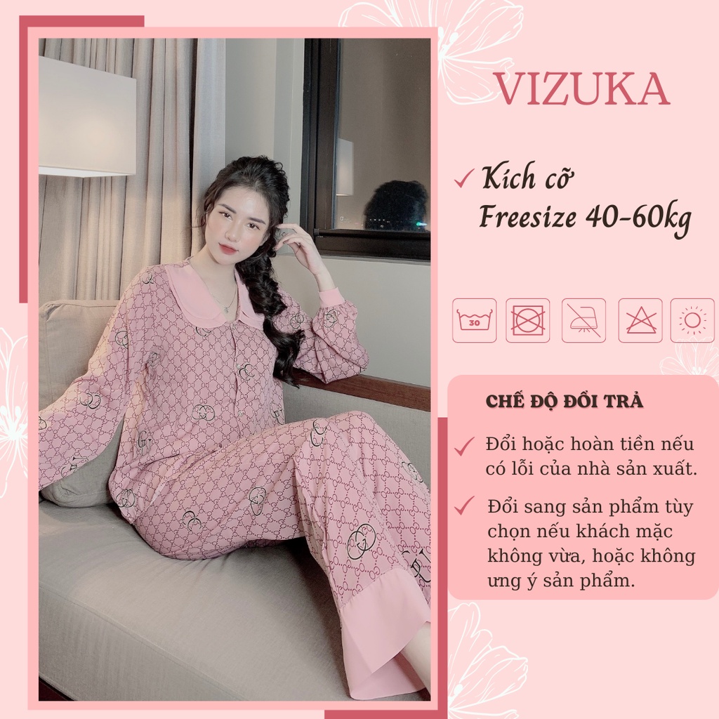 Đồ bộ nữ pijama lụa dài tay cổ sen mặc nhà họa tiết sang chảnh VIZUKA