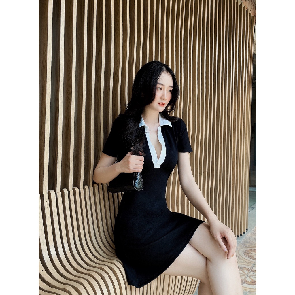 Váy đầm nữ cộc tay phối cổ trắng siêu xinh - Váy polo body tay ngắn đi dự tiệc, đi chơi dạo phố chất thun tăm freesize