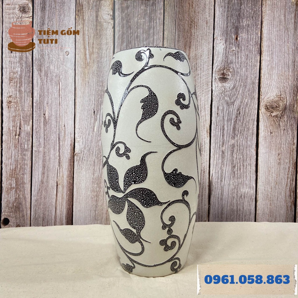 Lọ hoa decor, bình hoa gốm, bom nến BÁT TRÀNG men trắng bóng, họa tiết hoa xoắn độc đáo H30-H26-H24
