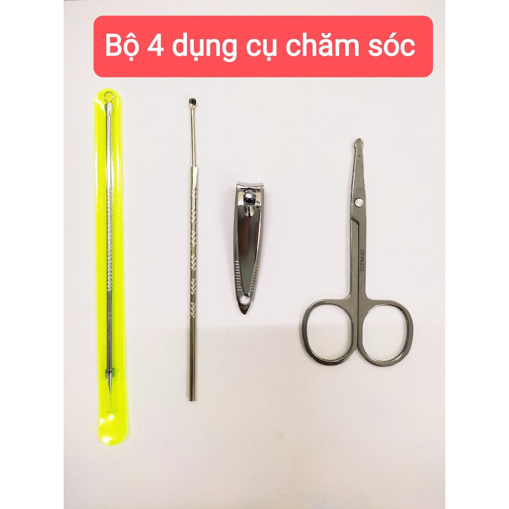 Bộ 4 dụng cụ chăm sóc da (cây nặn mụn, bấm móng, kéo tỉa lông mày, ráy tai)