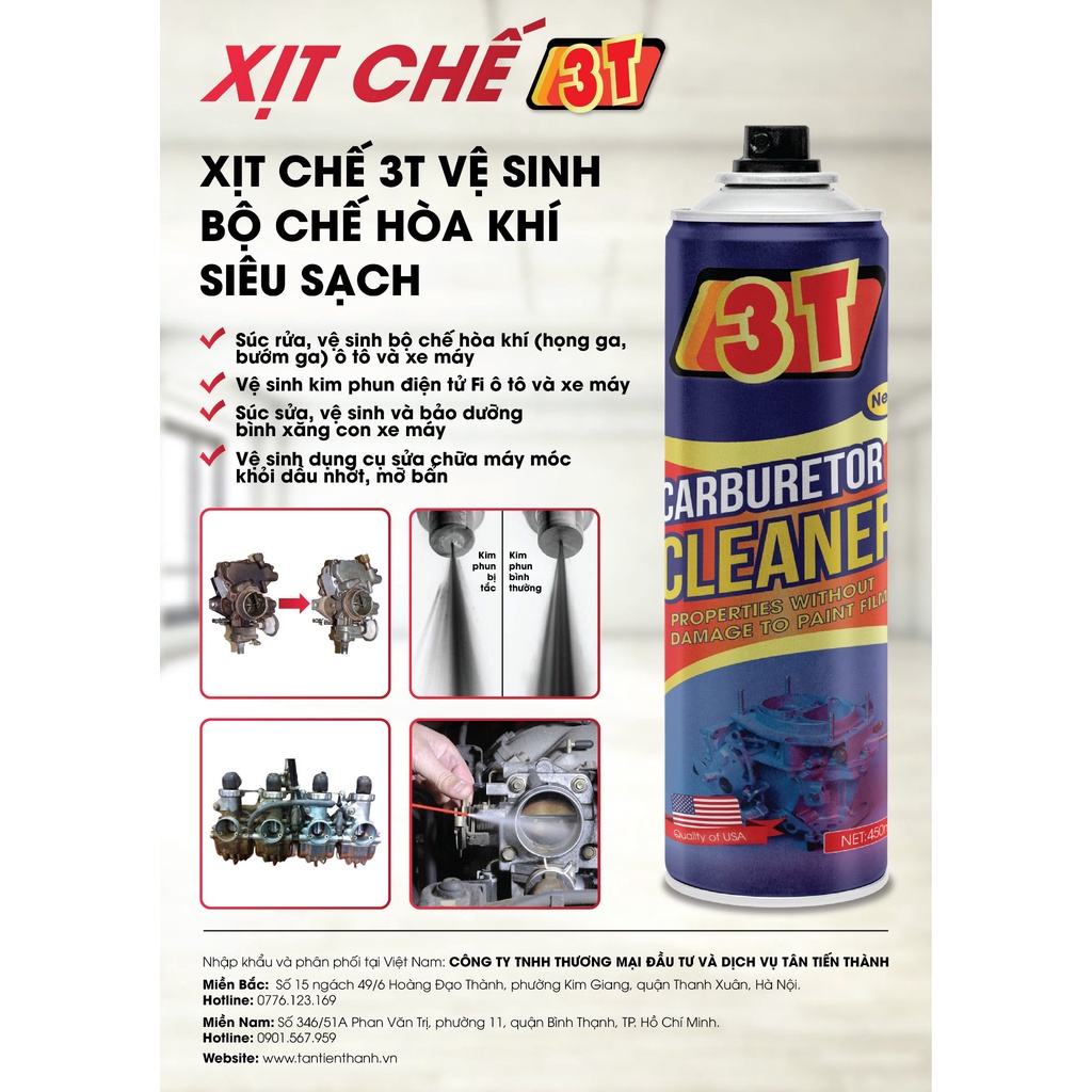 Chai rửa bình xăng, họng ga, kim phun 3T Cleaner 450ml