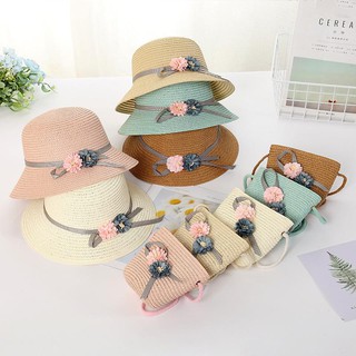 Set mũ cói hoa hồng + túi xách cói đi biển thời trang cho bé gái