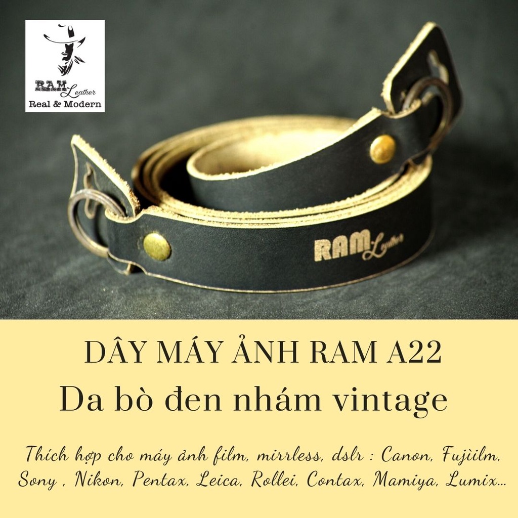 Dây máy ảnh vintage RAM Leather A22 Đen da bò thật