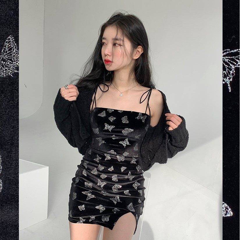 Đầm Đen Sát Nách Hoạ Tiết Bướm Thời Trang Mùa Hè