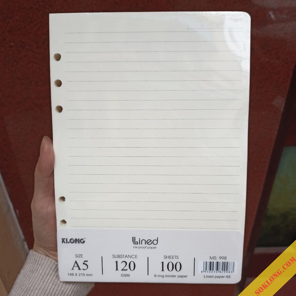 Ruột sổ còng kẻ ngang A5 100 tờ dày dặn, giấy refill binder file còng Klong MS 998