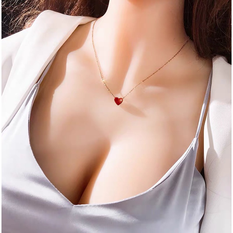 Dây chuyền thép titan màu vàng hồng mặt trái tim nhỏ đính đá zircon hai mặt màu đỏ thời trang