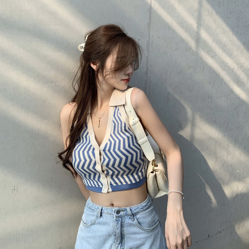 Áo Croptop Dệt Kim Zic Zac Sóng Xanh Cổ Bẻ Cài Khuy Hàng Cao Cấp