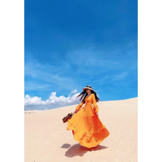 HOANGYEN - Đầm Skies Dress chất đũi tay dài vintage màu vàng