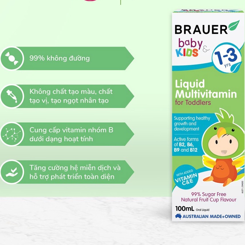 Siro bổ sung vitamin tổng hợp Brauer Liquid Multivitamin for Toddlers (100ml) cho trẻ từ 1-3 tuổi quatangme