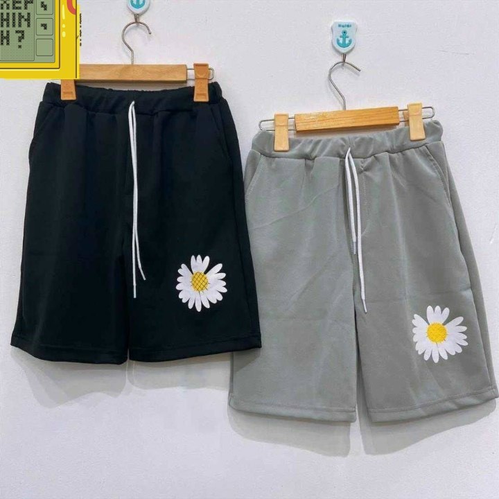 Quần short nam nữ unisex in hoa cúc vải thun nỉ dày dặn, co giãn thoải mái