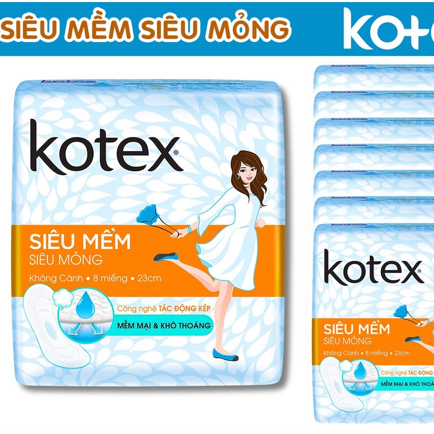 Băng vệ sinh Kotex siêu mềm  khô thoáng có cánh/ không cánh 8 miếng 23cm