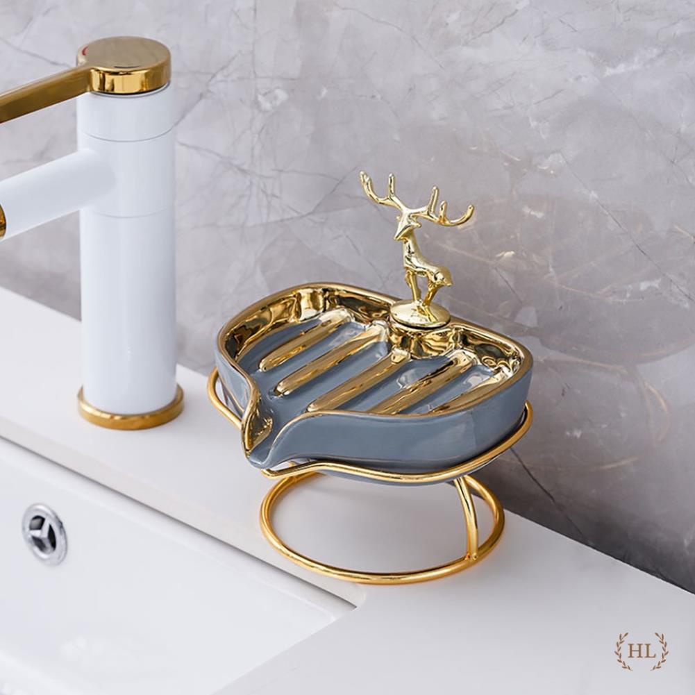 Khay đựng xà bông hình hươu mạ vàng chất liệu sứ kèm kệ Inox vàng gương | KỆ XÀ PHÒNG RỬA TAY SỨ DECOR HÌNH HƯƠU CAO CẤP