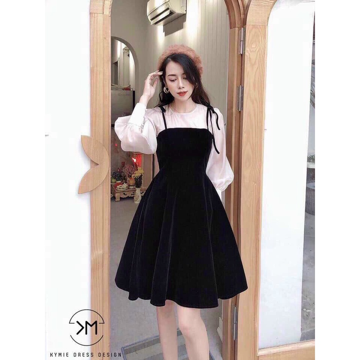 Set yếm váy 2 dây xòe kèm áo trắng tay dài, set yếm tiểu thư tay phồng