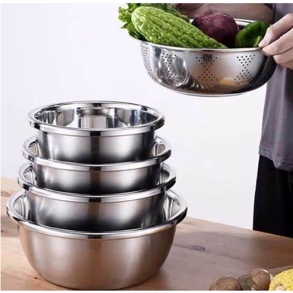 Set 5 Món Rổ Chậu Inox Cao Cấp, Sáng Bóng, Đáy Chậu Sâu - Thiết Kế Hình Tròn Với Vành Trên Chắc Chắn