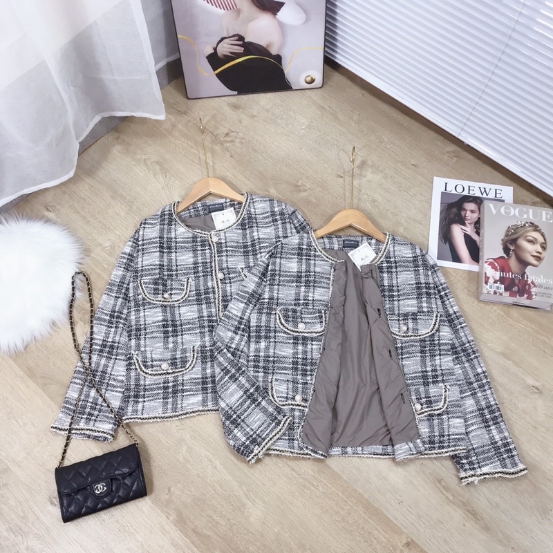 Áo Khoác Dạ Kẻ Viền Nhũ Cúc Ngọc 2 Lớp Sang Chảnh