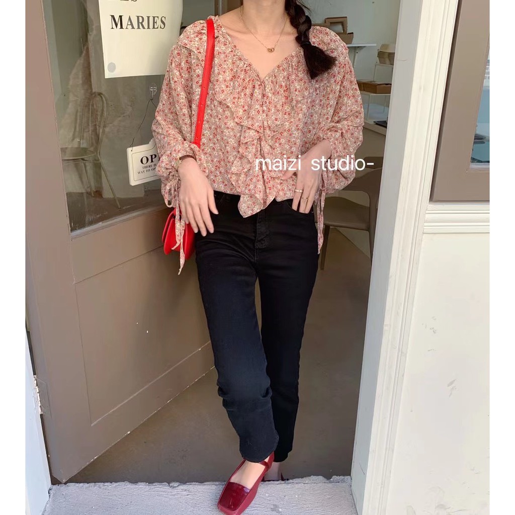 Áo Hoa nhí cổ bèo nhún tay chun điệu đà Ulzzang Style Hàng quảng châu!!!