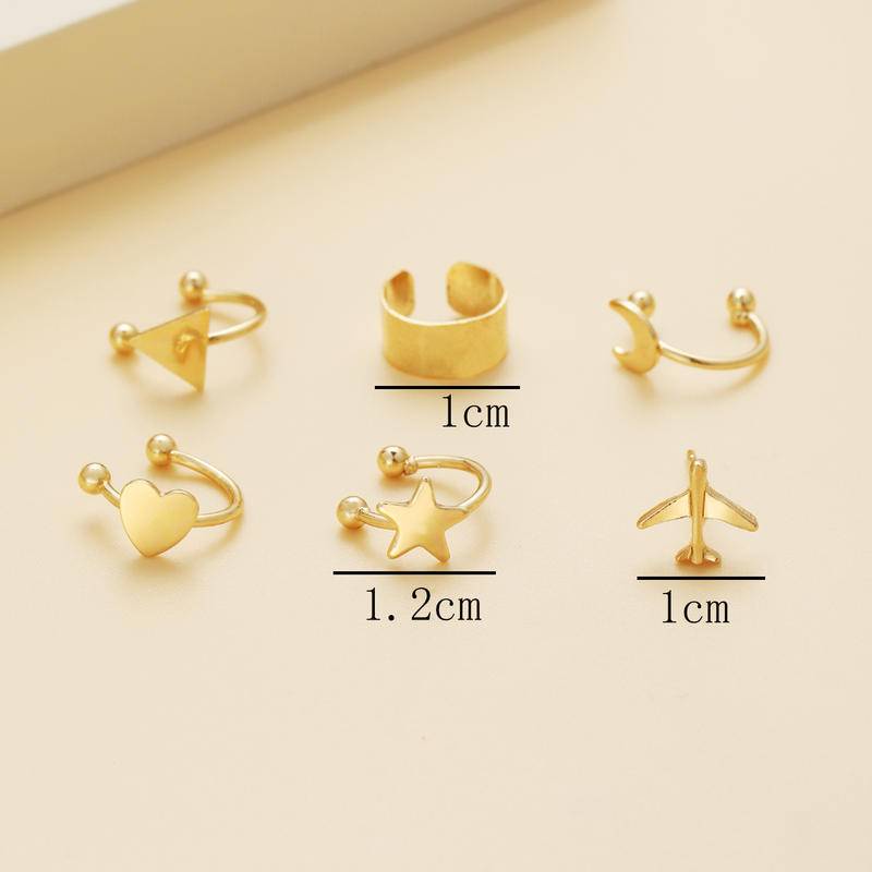 Set 6 Khuyên Vành Tai Mạ Vàng Hình Máy Bay / Ngôi Sao / Mặt Trăng / Tam Giác Cho Nam Và Nữ