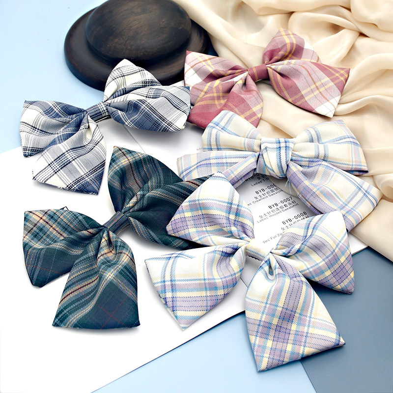 Kẹp tóc phối nơ cỡ lớn in họa tiết sọc caro chất liệu satin phong cách Nhật Bản tinh tế cho nữ