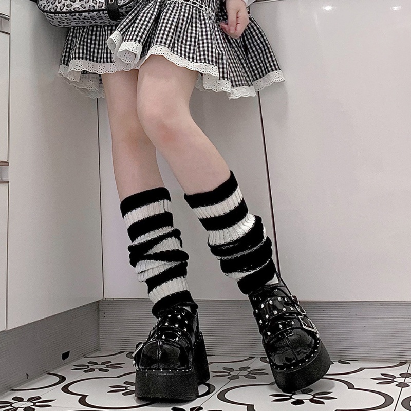 XIXI Tất ống chân dệt kim họa tiết kẻ sọc trắng đen phong cách lolita cổ điển cho nữ