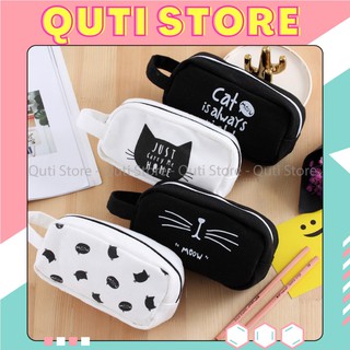 Hộp Bút Vải Cute Hình MÈO ĐEN TRẮNG - Túi Vải Canvas Đựng Mỹ Phẩm, Bóp Viết Đẹp QUTI HBV39