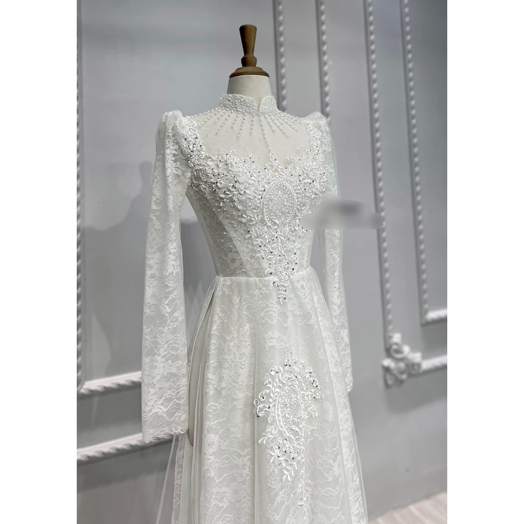 Áo dài ren dệt tai dài,4 tà đính hạt cao cấp,áo dài cô dâu thiết kế