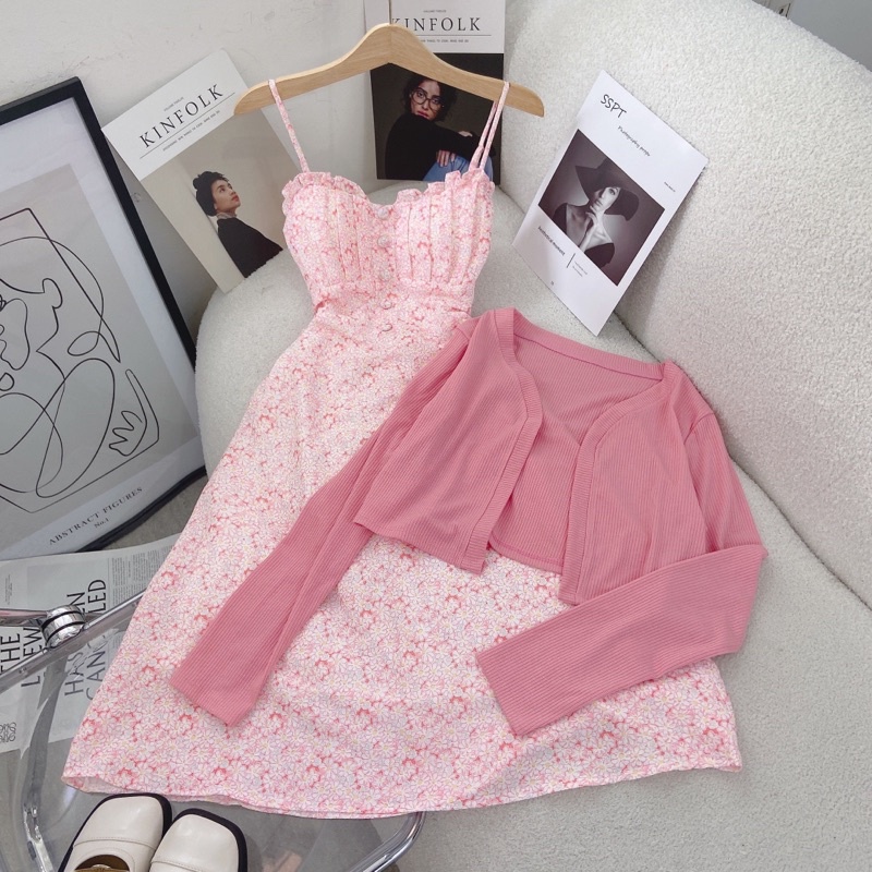 SET ĐẦM 2S HOA VIỀN BÈO KÈM KHOÁC CROP 3M